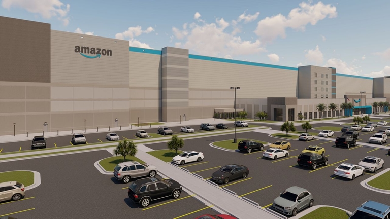 A digital rendering of the extirior of an Amazon facility